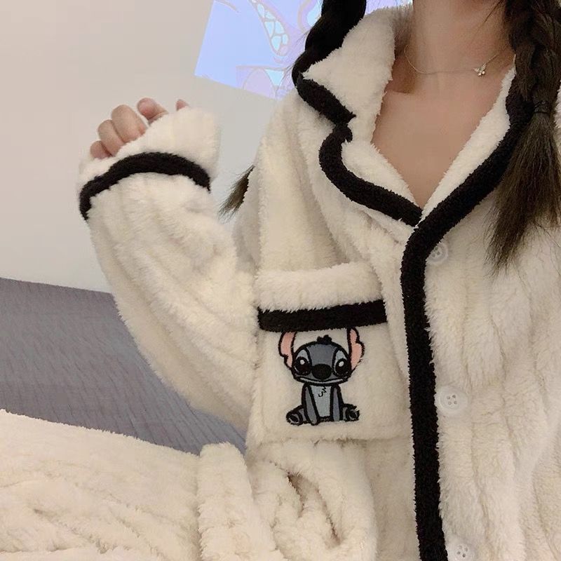 韩国史迪仔睡衣女冬季珊瑚绒加绒加厚法兰绒学生高档家居服套装