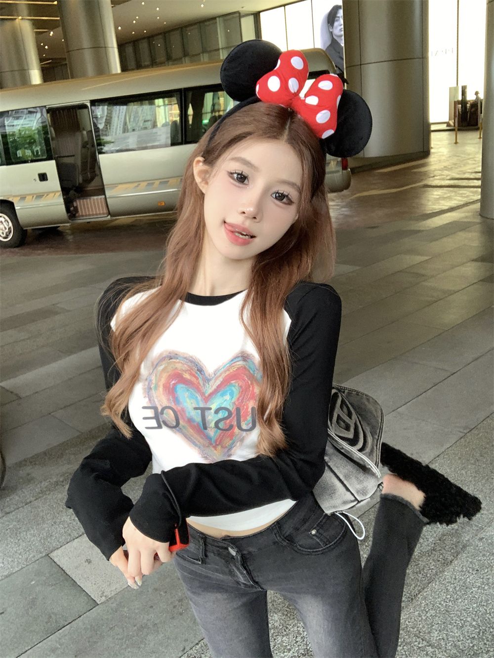 愛心印花撞色休閒長袖T恤女秋季修身顯瘦打底衫韓版短款抽褶上衣