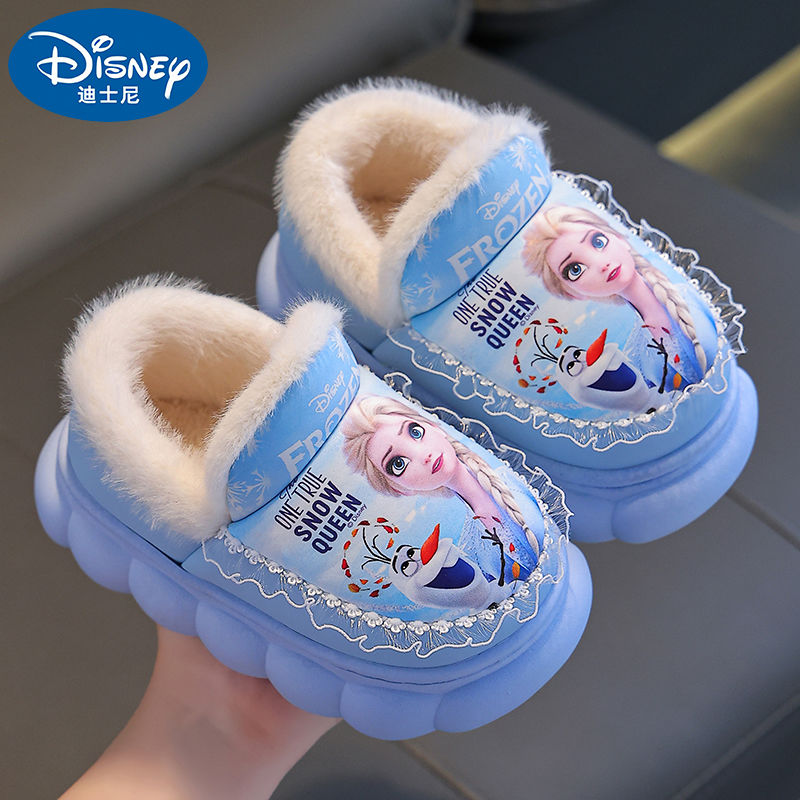 迪士尼冬季女童棉拖鞋爱莎公主保暖加绒PU皮防水冰雪奇缘女孩棉鞋