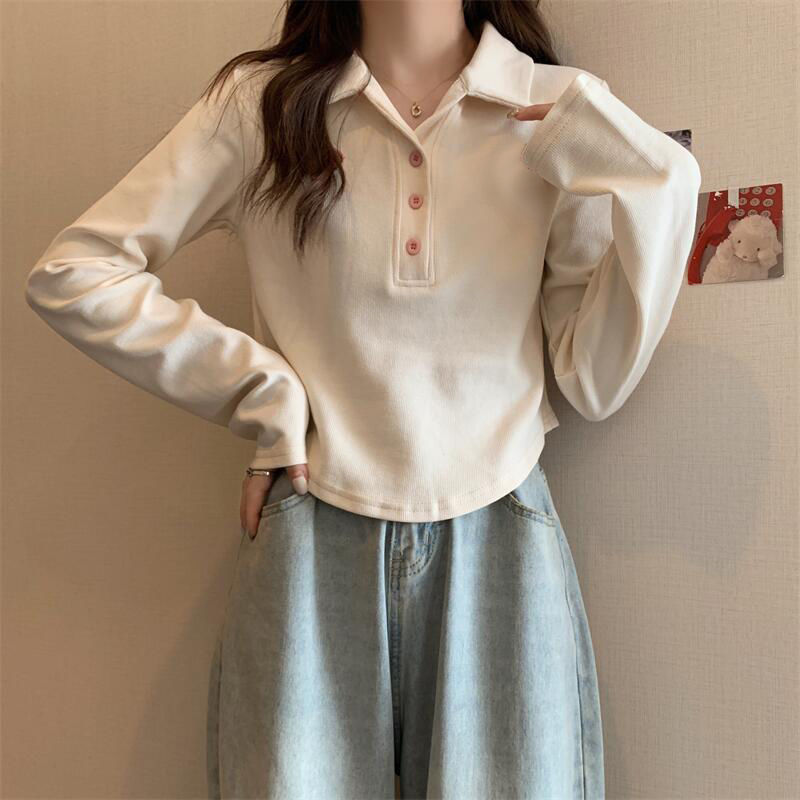 大碼胖mm不規則polo領長袖t恤女秋季韓系修身顯瘦遮肚子短款上衣