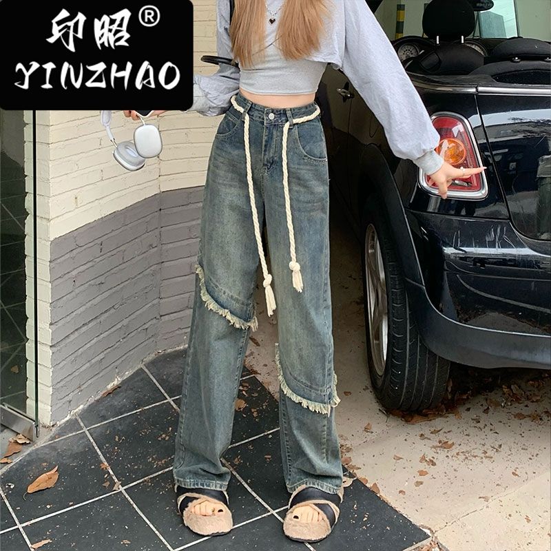 【印昭YINZHAO】寬鬆高腰直筒闊腿新款復古毛邊做舊設計藍色牛仔