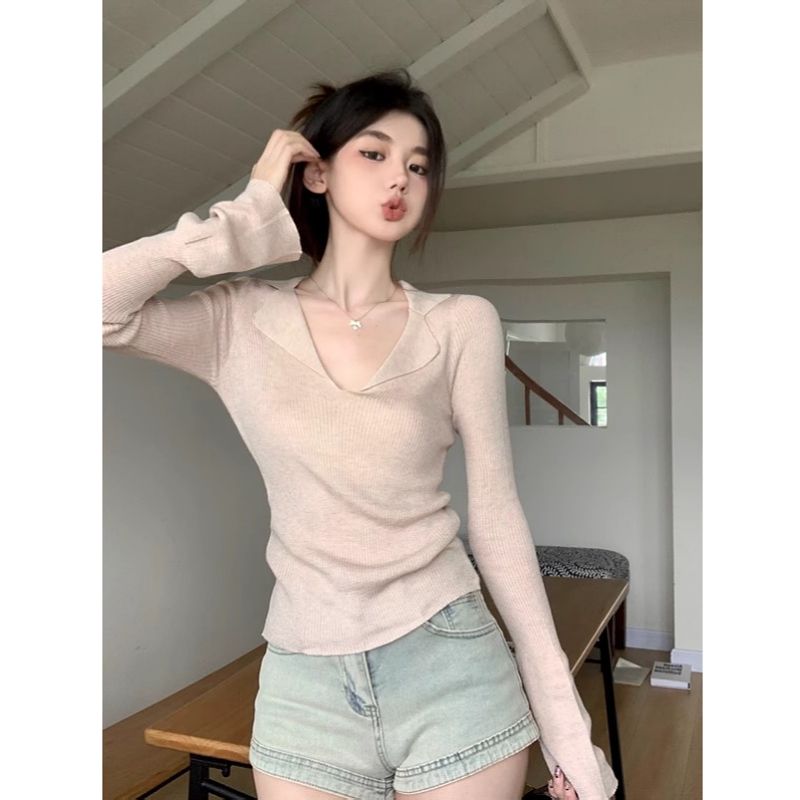 氣質翻領長袖針織衫女秋季chic韓版修身內搭打底衫設計感毛衣上衣