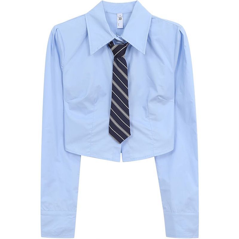 法式蓝色长袖衬衫女2023年春秋季新款短款修身领带设计感减龄上衣