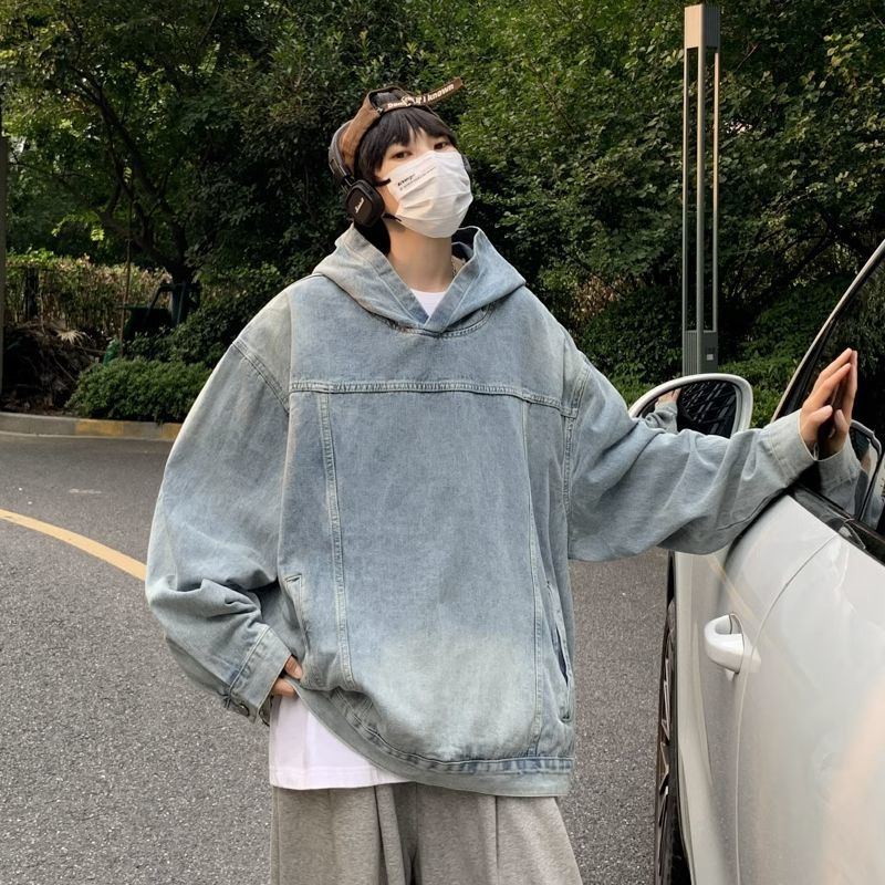 Heavy washed denim sweatshirt men's spring and autumn trendy brand loose hooded jacket ins American high street couple coat