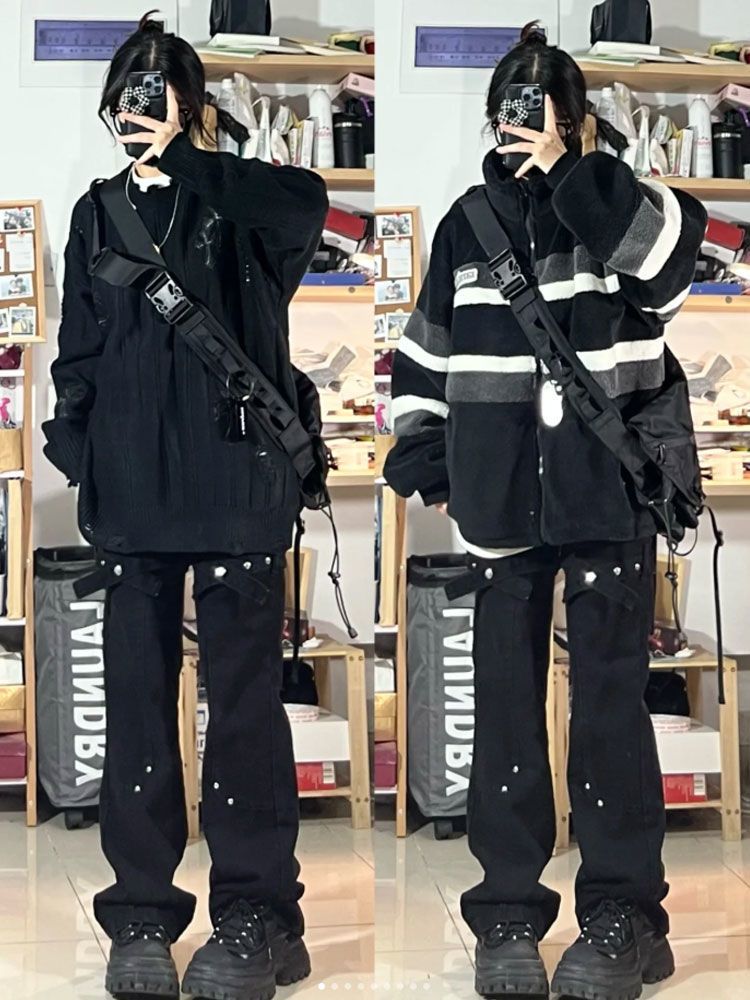 歐美式街頭痞帥vibe風綁帶牛仔褲子女ins設計感黑色微喇叭直筒褲
