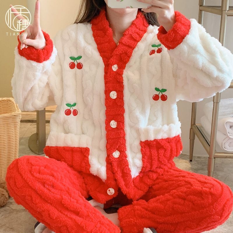 珊瑚絨睡衣女秋冬季新款加絨加厚2023年保暖法蘭絨紅色家居服套裝