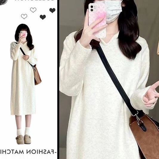 Autumn and winter new women's clothing 2023 white hooded sweatshirt knitted sweater loose hip-hugging bottoming dress small