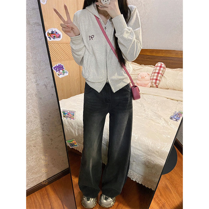 美式復古雙拉鏈開衫衛衣外套女春秋設計感小眾寬鬆百搭連帽上衣
