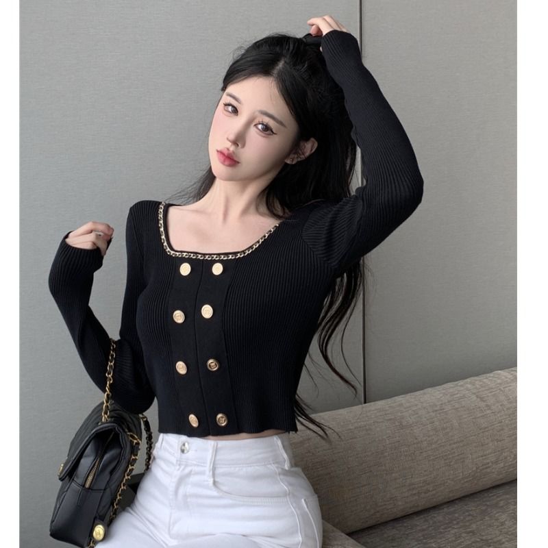 Autumn and winter small fragrance style square neck sweater for women, light luxury, ladylike temperament, slim fit, short knitted bottoming shirt top