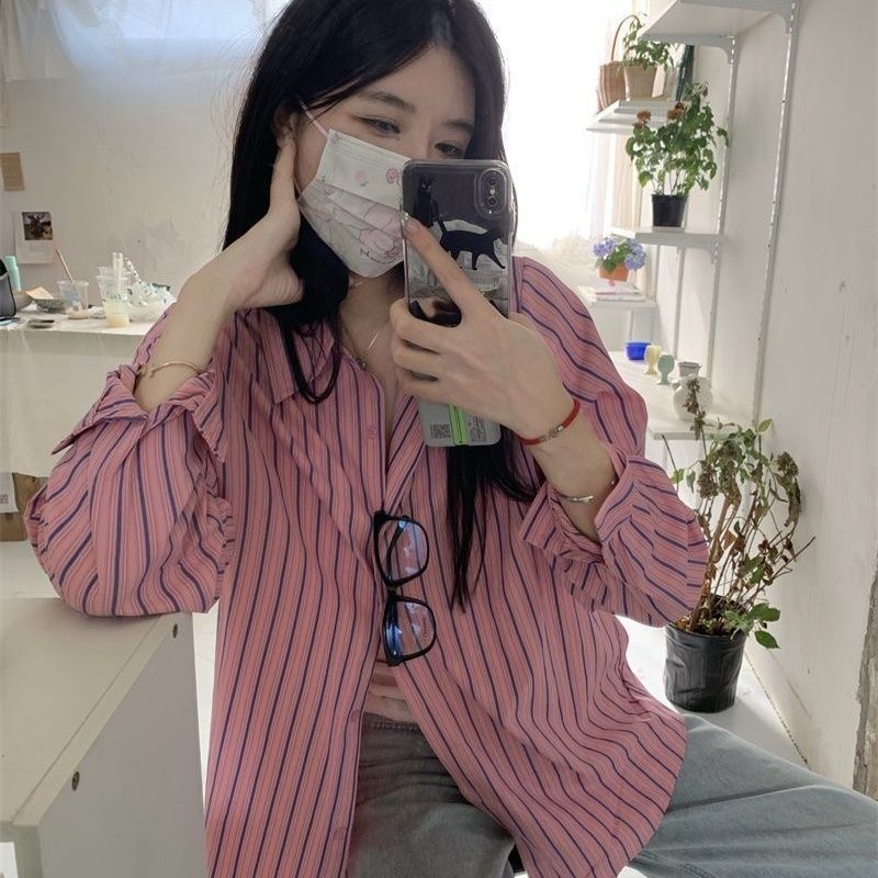 秋季女裝美式條紋襯衫女長袖外穿寬鬆外套胖mm大碼襯衣上衣女洋氣