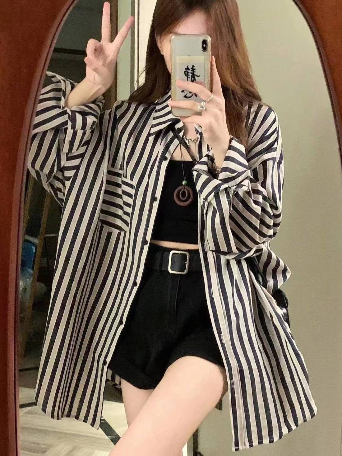 港風秋季女裝復古條紋襯衫女長袖內搭外穿寬鬆古着襯衣上衣女洋氣
