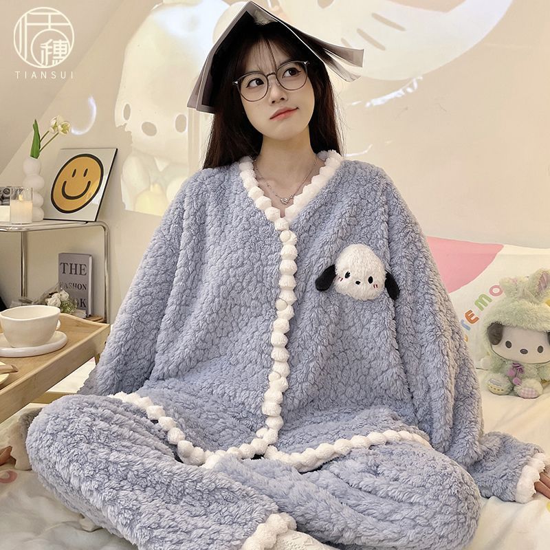 珊瑚絨睡衣女士新款秋冬季加厚加絨保暖法蘭絨卡通家居服兩件套裝