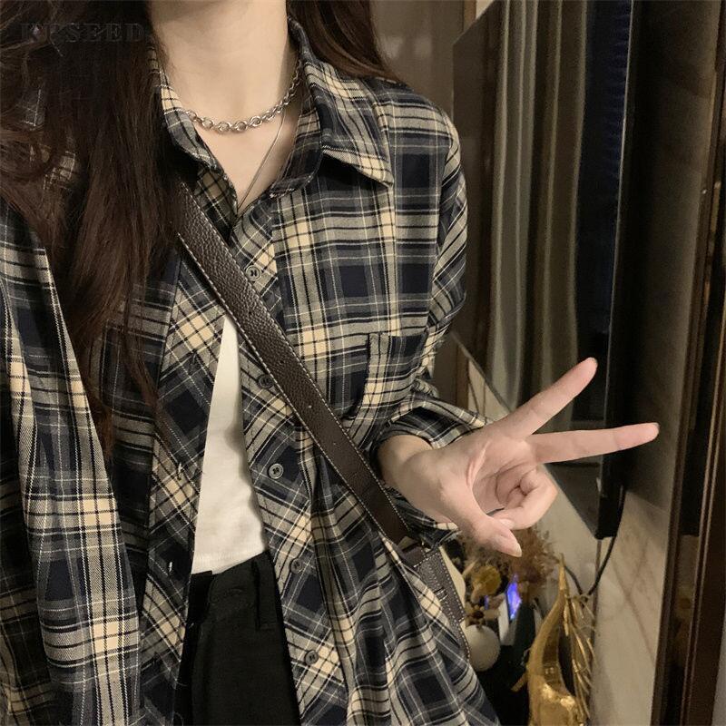 秋季女裝格子襯衫女長袖外穿早秋外套潮流寬鬆磨毛襯衣上衣女洋氣