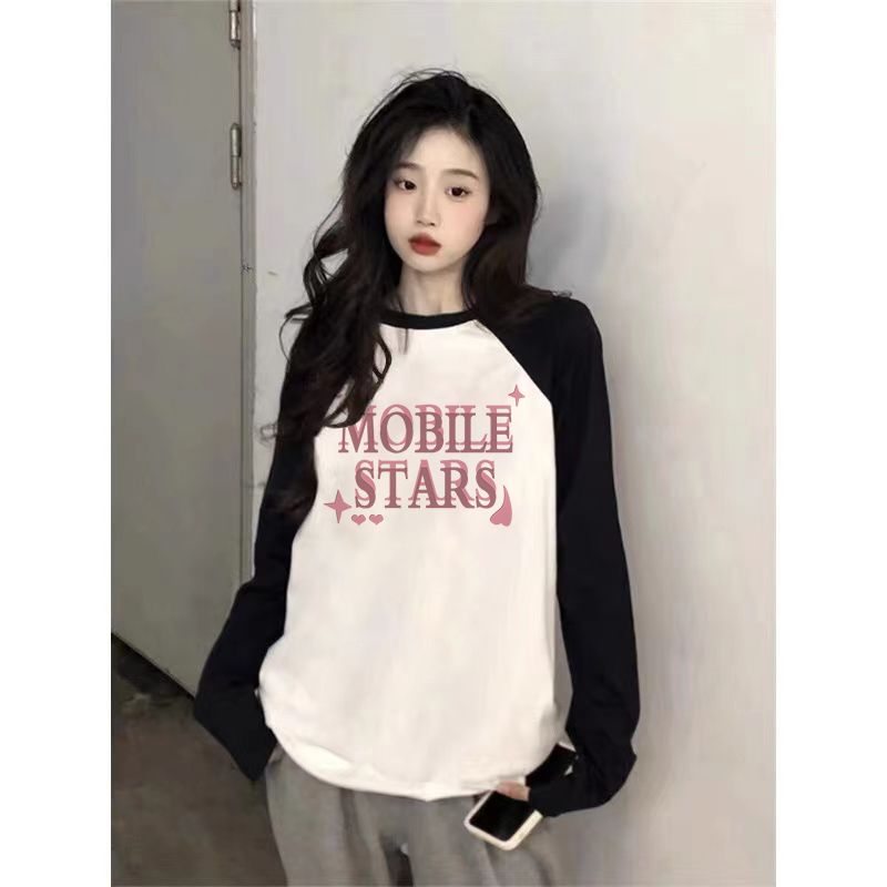 2023秋冬季新款網紅女長袖撞色t恤學院風小眾設計姐妹裝寬鬆上衣