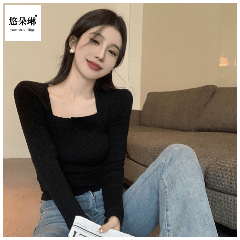 YOUDUOLIN方口領別致短款不規則針織衫女秋季法式上衣打底衫ins潮