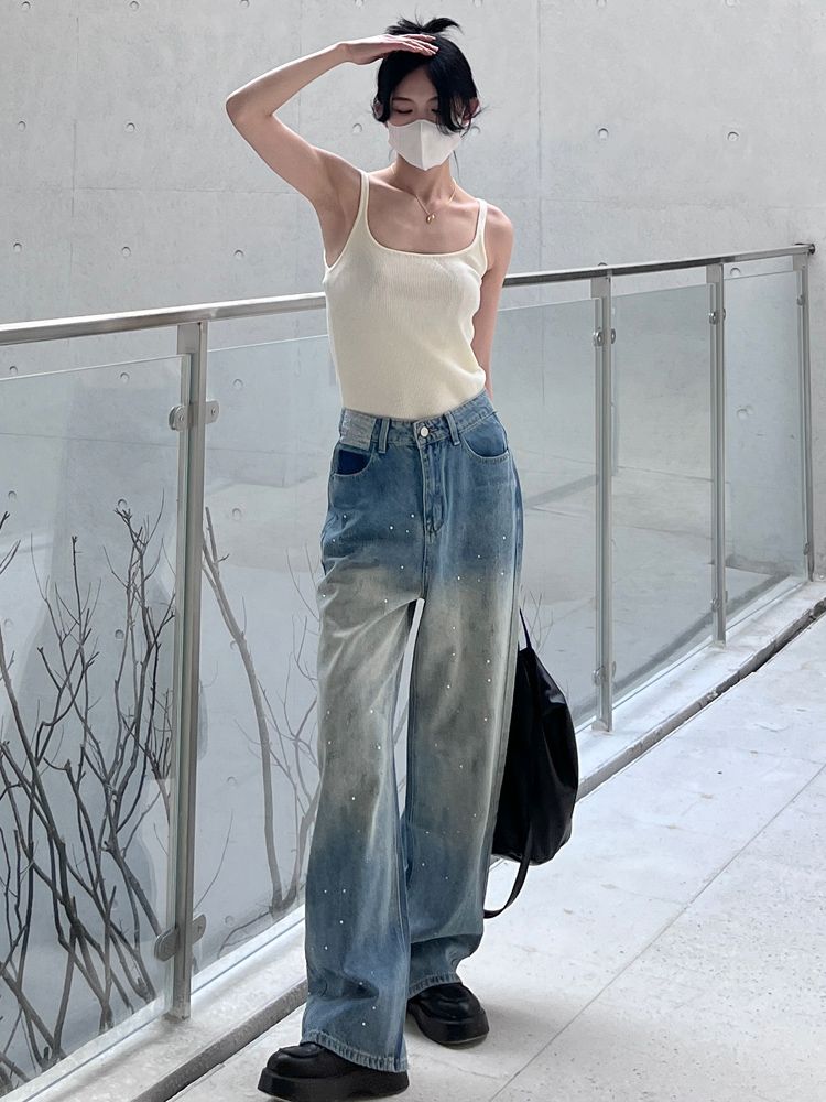高腰燙鑽牛仔褲女2023春夏新款寬鬆顯瘦直筒褲薄款梨形身材女褲子