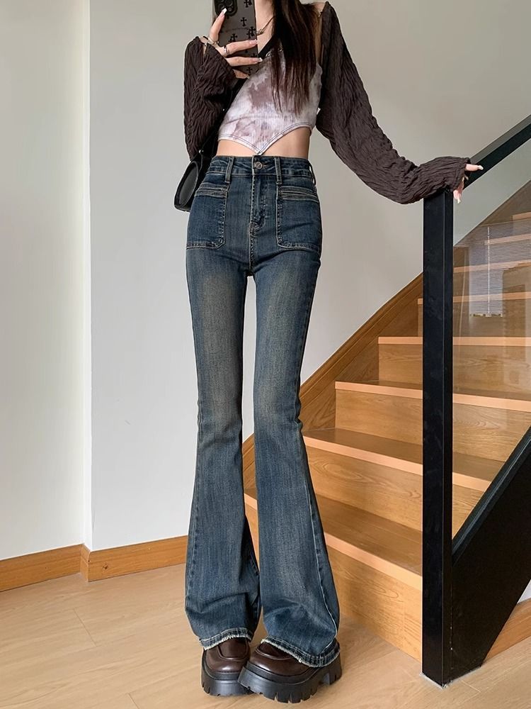 Cement gray bootcut jeans for women high waist 2023 autumn new stretch slim fit retro floor-length flared pants