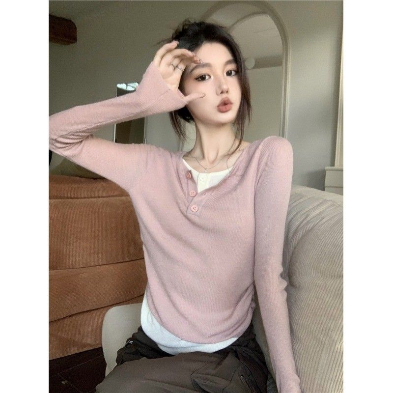 美拉德假兩件設計感粉色針織t恤女秋季辣妹修身短款打底衫上衣ins