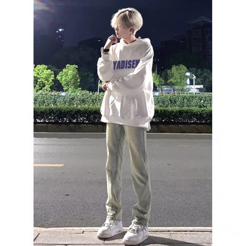 黃泥修身微喇牛仔褲男cleanfit美式高街vibe彈力直筒水泥色褲子秋
