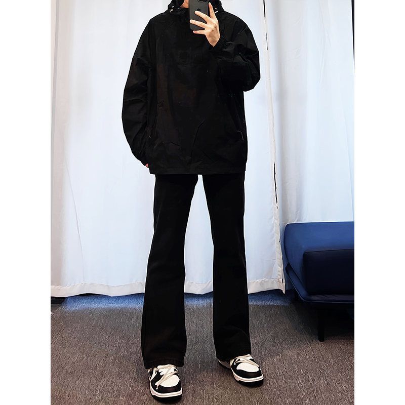 cleanfit彈力修身微喇黑色牛仔褲男美式高街歐美hiphop直筒長褲子