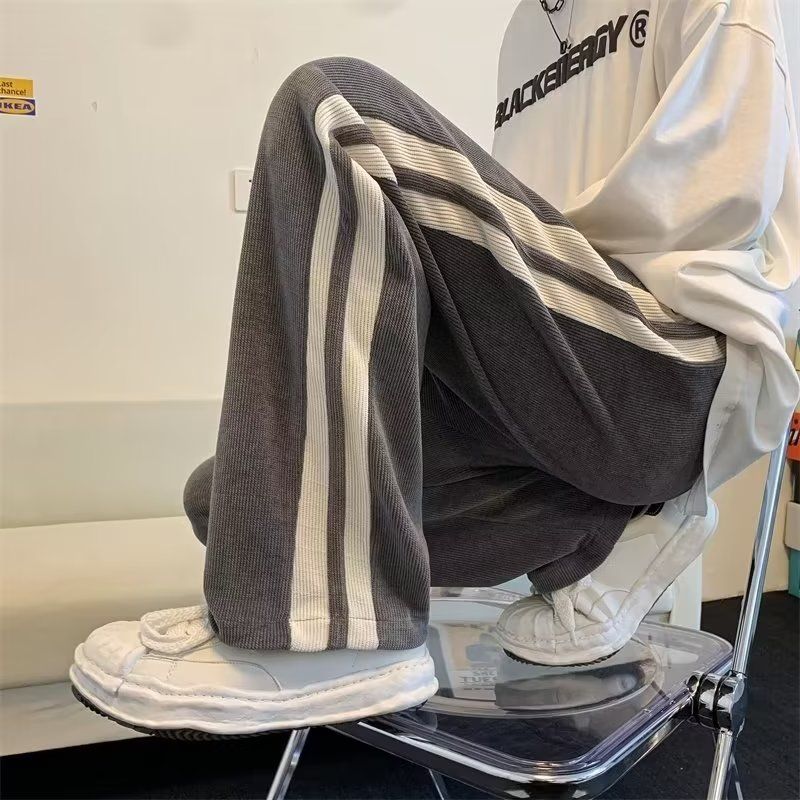 撞邊條紋燈芯絨褲子男秋季潮牌寬鬆垂感直筒長褲闊腿寬鬆休閒衛褲