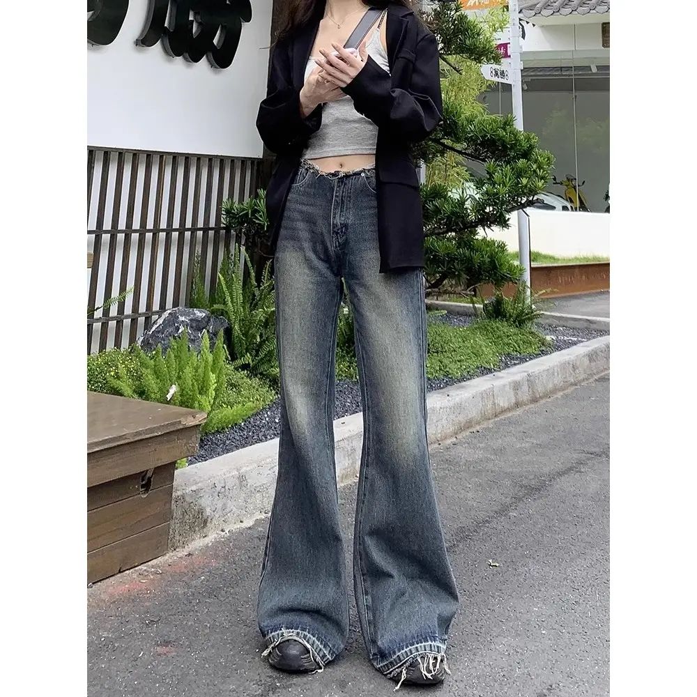 美式復古辣妹低腰微喇叭牛仔褲女秋季新款高個子顯瘦毛邊拖地褲子