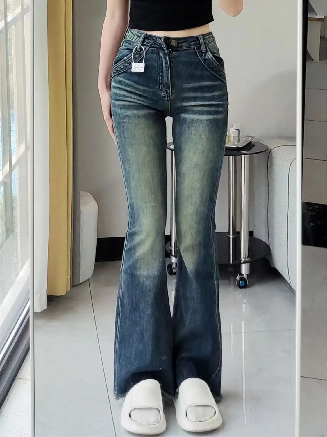 復古美式高街微喇叭牛仔褲女設計感小眾修身寬鬆高腰顯瘦拖地褲子