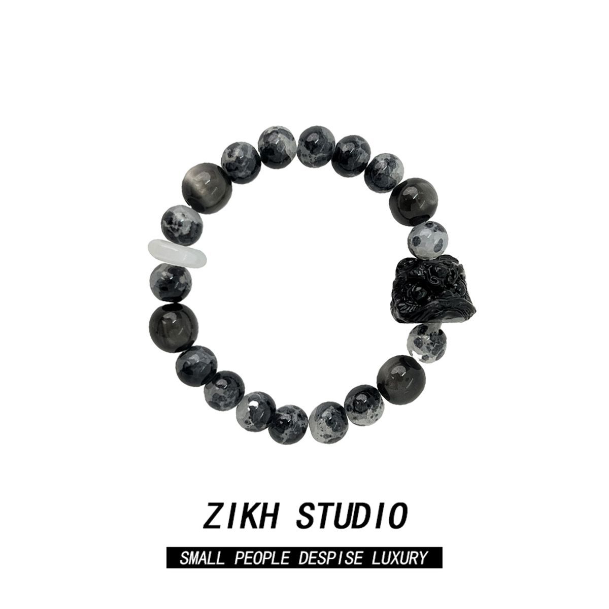 ZIKH中國風黑白珠醒獅手鍊男女個性小眾民族風素雅新中式手飾品