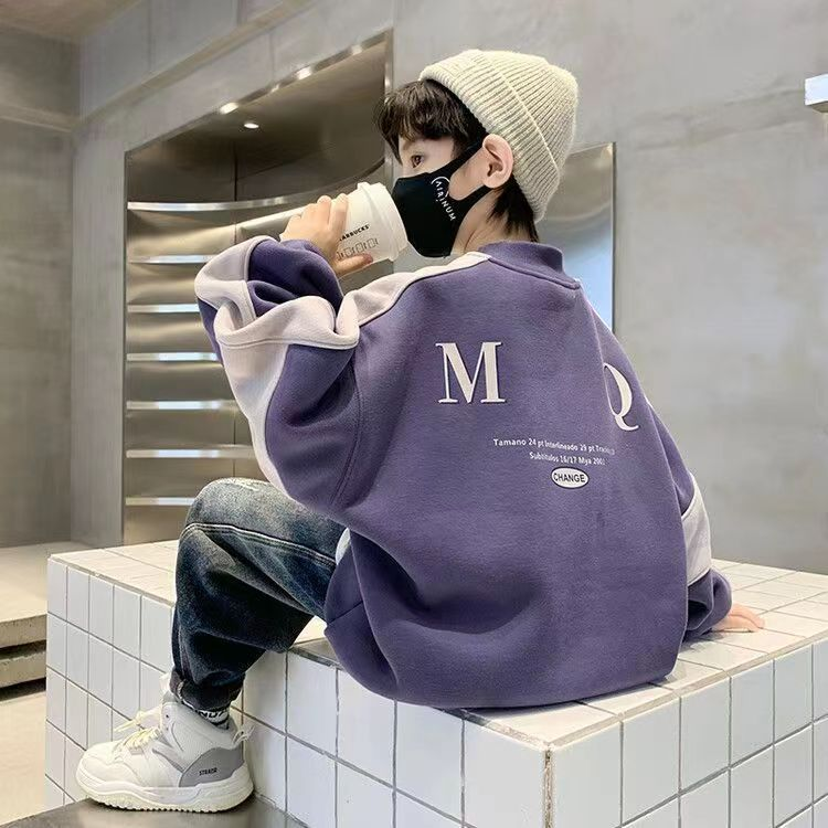Autumn new sweatshirt for middle-aged and older children, boy's round neck, loose casual splicing, versatile and handsome, long-sleeved hip-hop for boys