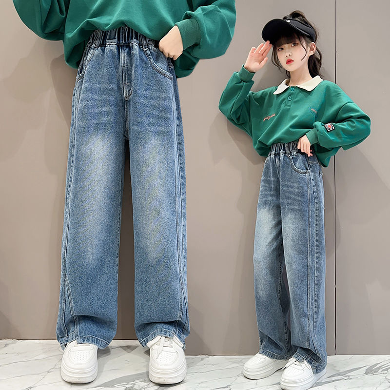 女童褲子春秋2023新款秋裝中大童加絨闊腿長褲寶寶秋季兒童牛仔褲