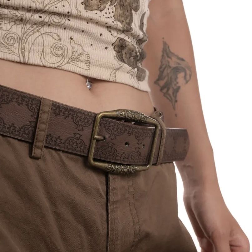 Ethnic style distressed 80s textured printed belt, brown personalized antique copper buckle embossed versatile belt_voghion.com
