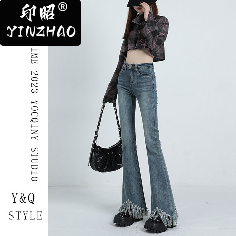 【印昭YINZHAO】高腰新款流蘇毛邊復古藍喇叭牛仔褲女顯瘦設計感