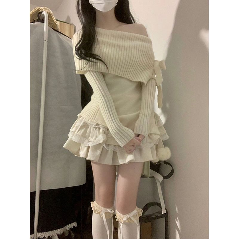 Two-piece suit 2023 autumn and winter new college style design niche one-shoulder knitted sweater + skirt