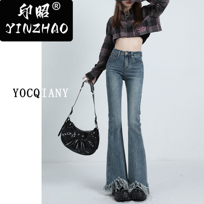 【印昭YINZHAO】復古藍高腰流蘇毛邊喇叭牛仔褲女新款顯瘦設計感