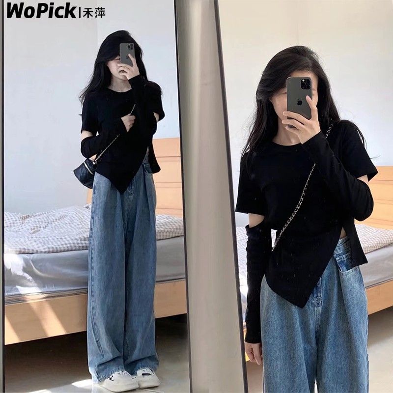 純棉正肩不規則鏤空破洞長袖T恤女春季設計感小眾開叉收腰上衣ins