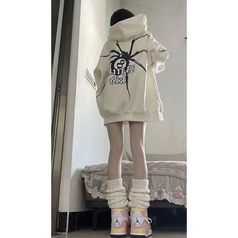 100%紡棉美式高街慵懶杏色連帽衛衣女學院寬鬆百搭小眾外套上衣