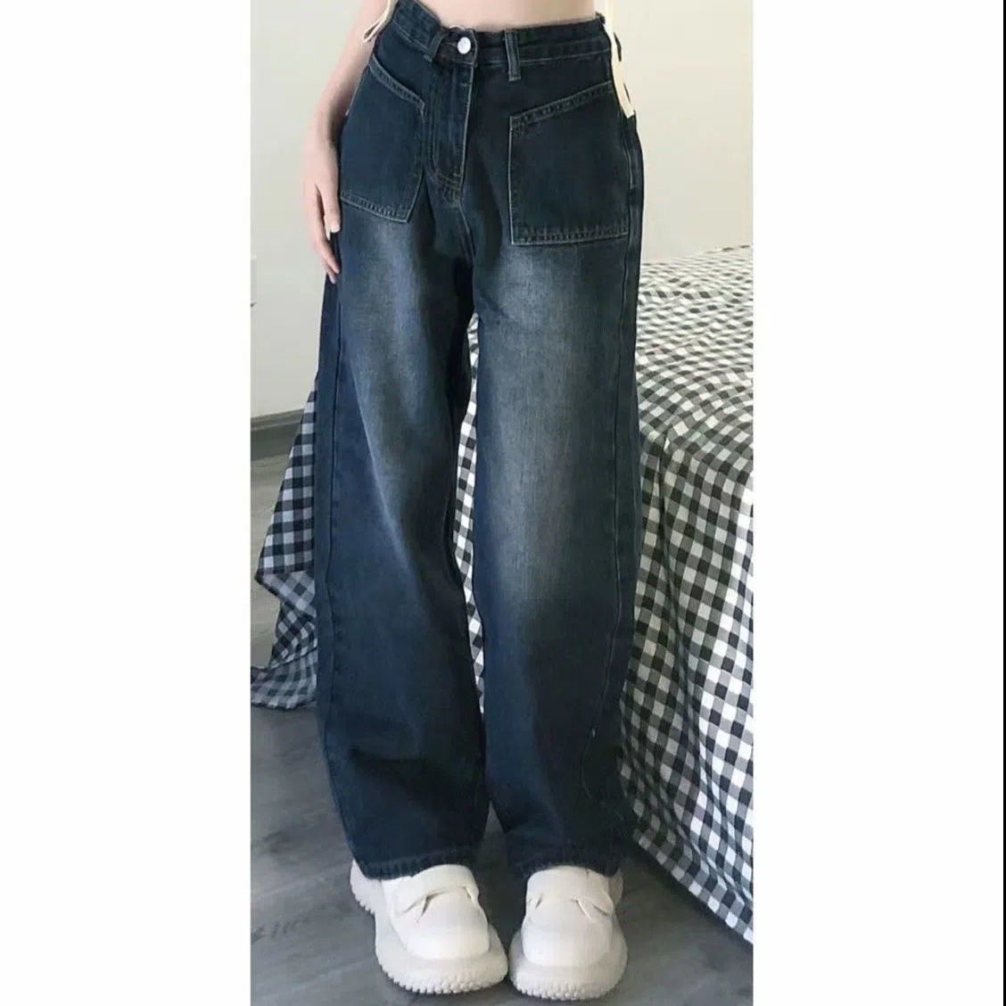 港風復古水洗直筒牛仔褲女春秋ins新款百搭高腰闊腿長褲子學生潮