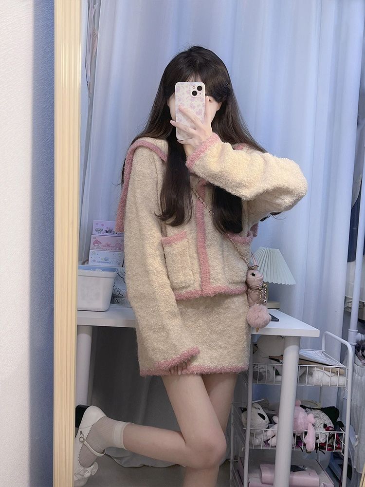 日系軟妹粉杏撞色毛衣套裝女2023秋季新款針織開衫溫柔半身裙套裝