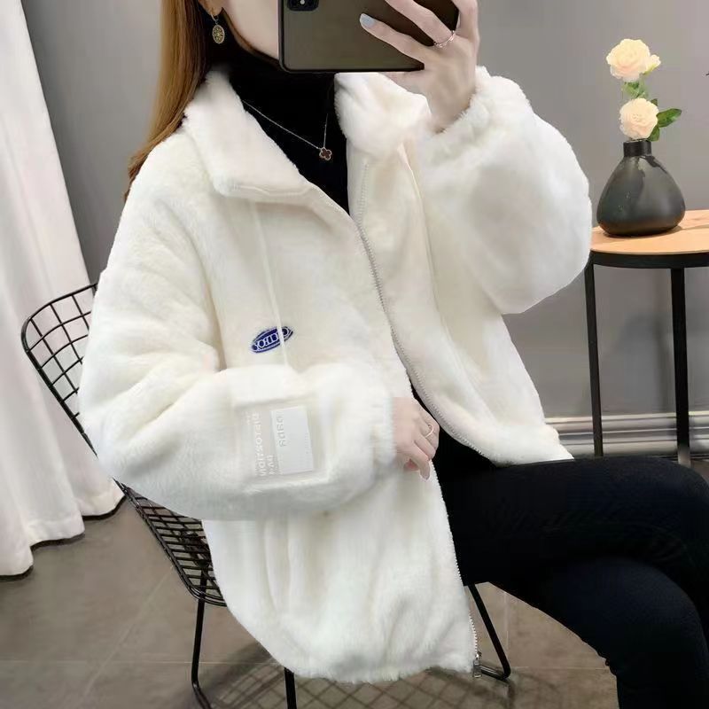 仿瀨兔毛羊羔毛毛絨外套女加絨加厚冬季2023新款學生韓版寬鬆百搭
