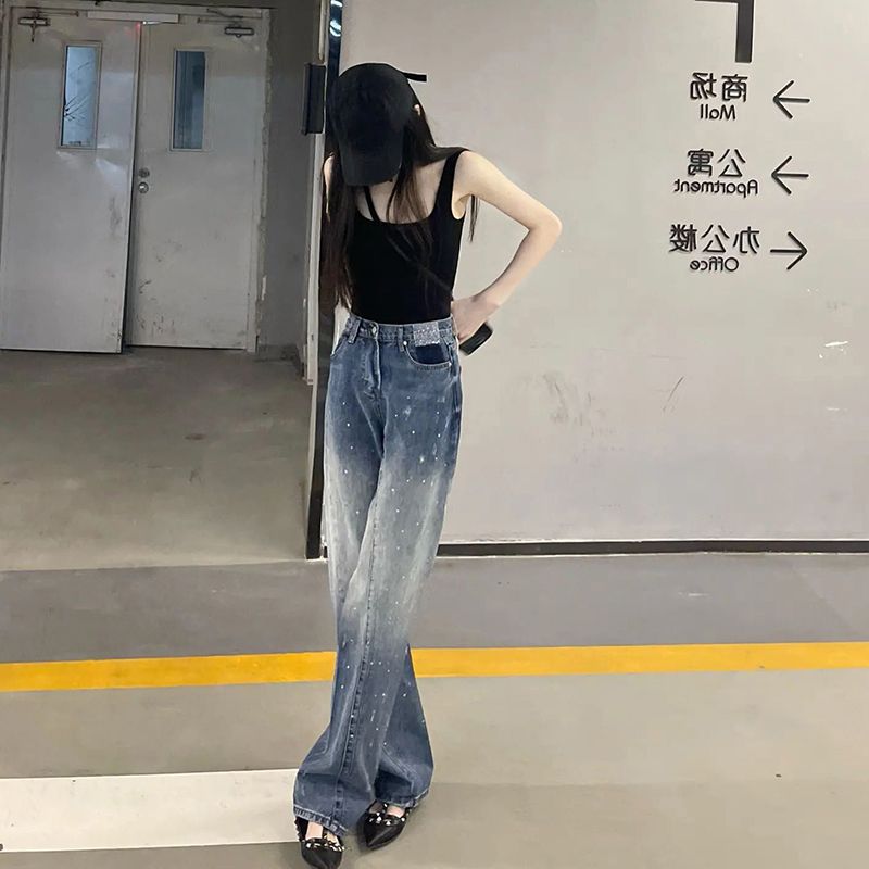 漸變星空高腰牛仔褲女夏2023新款小個子直筒拖地褲潮牌休閒闊腿褲