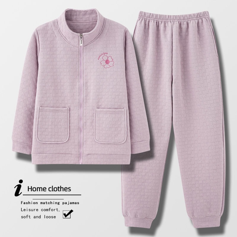 秋冬季夾層睡衣女加厚純棉開衫拉鏈薄款夾棉空氣棉家居服春秋套裝