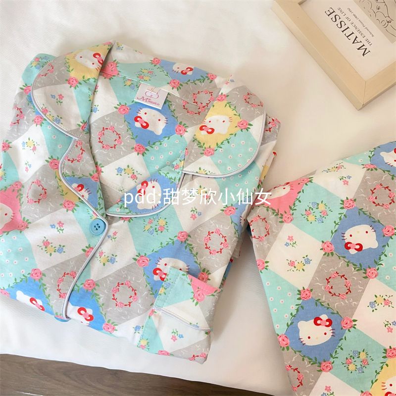 格子kitty貓睡衣女春秋季新款長袖長褲ins日系學生居家服套裝外穿