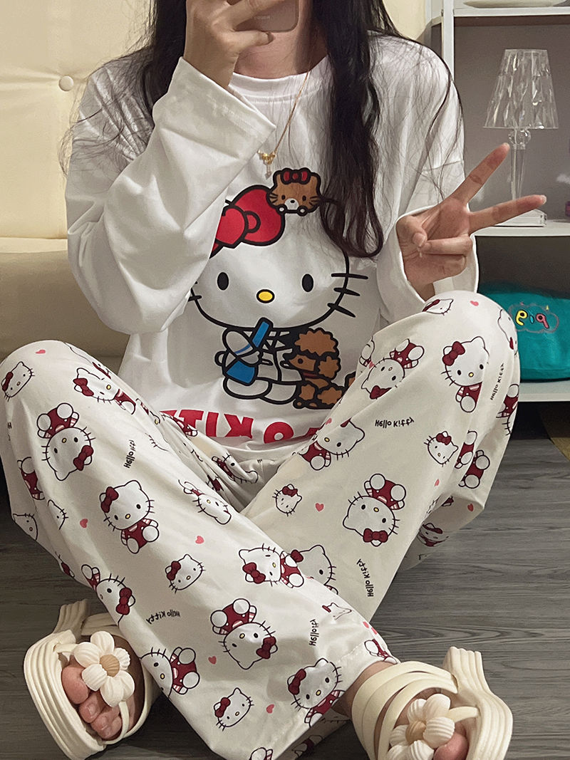 ins可愛凱蒂貓印花長袖睡衣女春秋款2023年新款T恤長褲家居服套裝