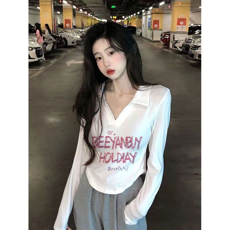 純欲風短款辣妹上衣女秋季新款長袖純棉t恤小眾polo領修身打底衫