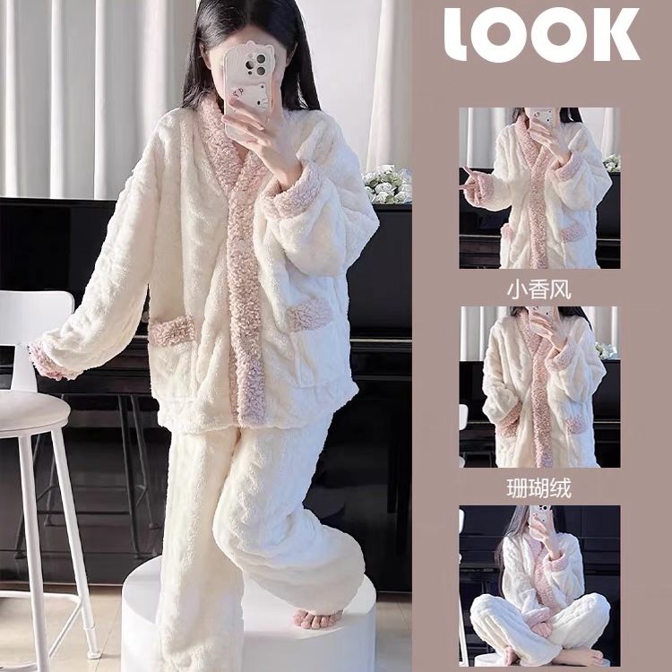 珊瑚絨睡衣女2023年秋冬新款法蘭絨公主風加厚加絨冬季家居服套裝