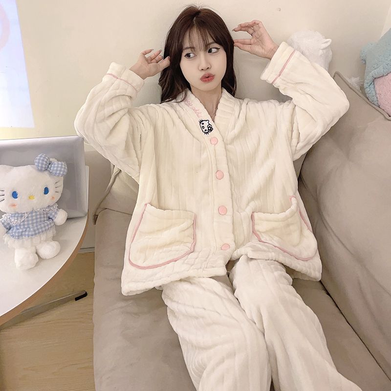 卡通甜美法蘭絨睡衣女秋冬季爆款珊瑚絨加絨加厚公主風家居服套裝