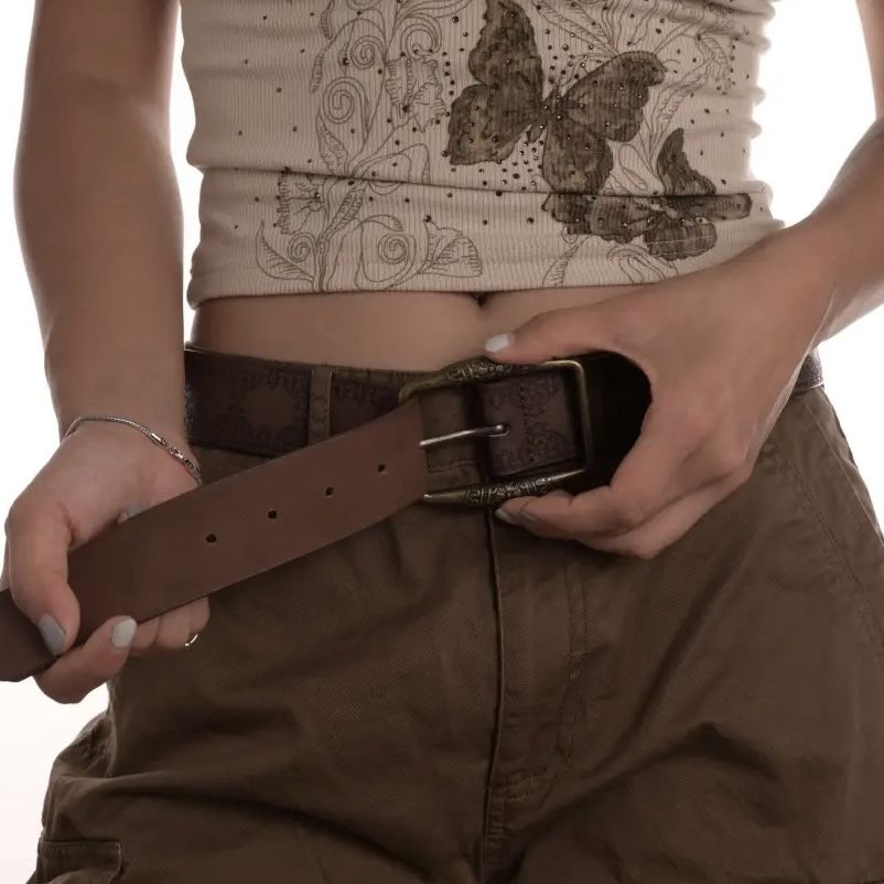 Ethnic style distressed 80s textured printed belt, brown personalized antique copper buckle embossed versatile belt_voghion.com