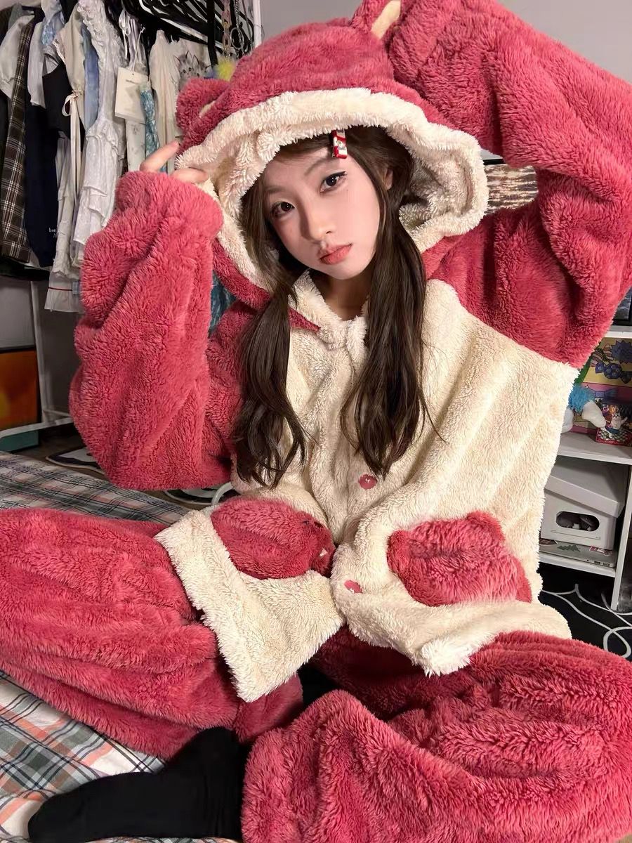 睡衣女冬季珊瑚絨加絨加厚高級感連帽卡通新款秋冬天長袖套裝居家