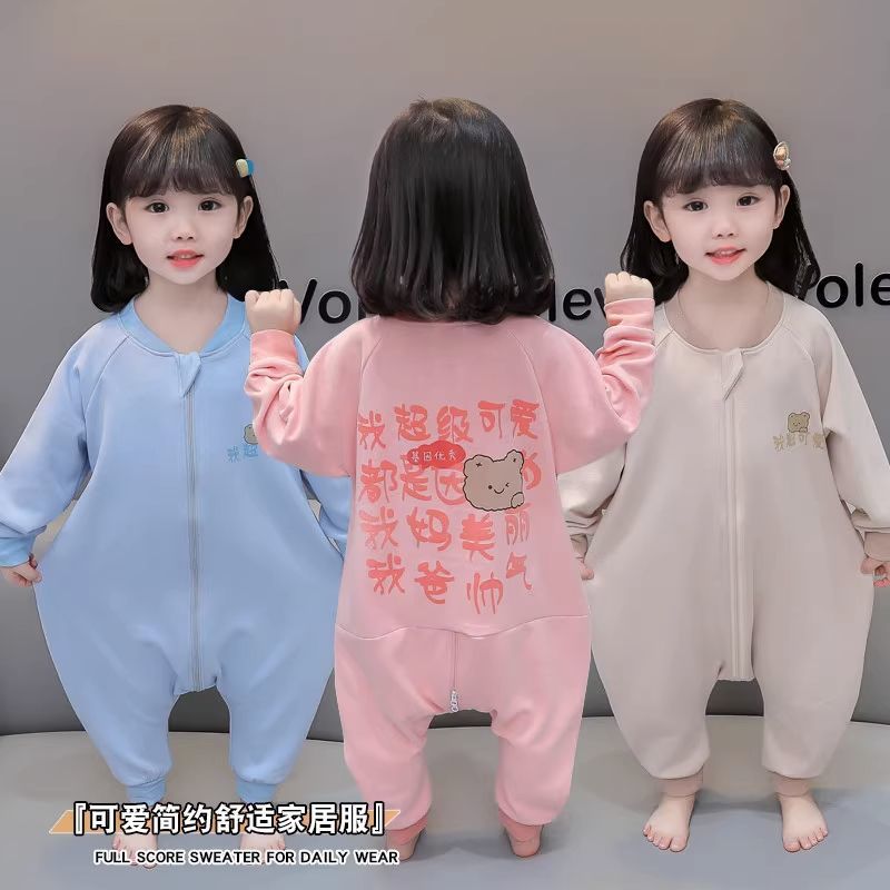 Children's one-piece pajamas, baby long-sleeved home clothes, male and female babies spring and autumn 2023 new style German velvet sleeping bag anti-kick quilt