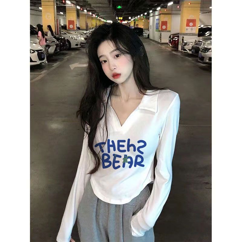 polo領純欲風短款長袖T恤女裝秋季辣妹設計感修身白色打底衫上衣